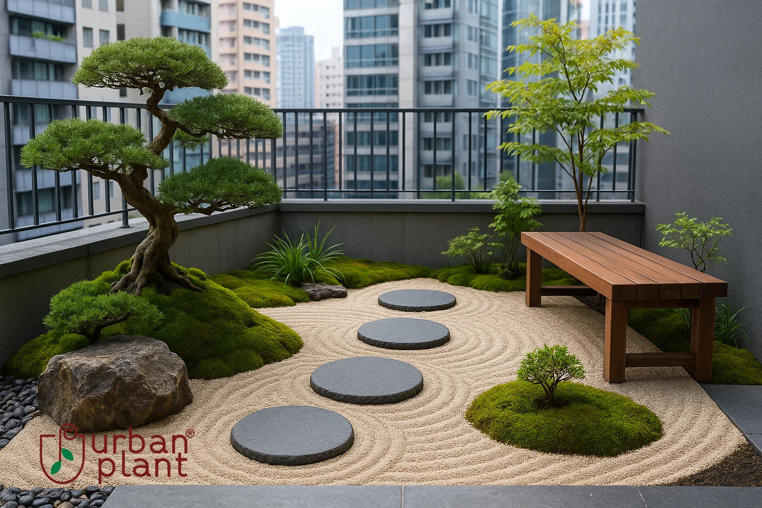 Urban Plant zen garden on an urban balcony with a bonsai tree, raked gravel, stepping stones, and a wooden bench for a peaceful modern home décor